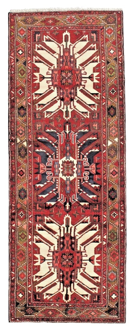 Hand-Knotted Karajeh Runner Red Wool Tribal Geometric Oriental Rug 3'7" x 9'8" (1 of 11)