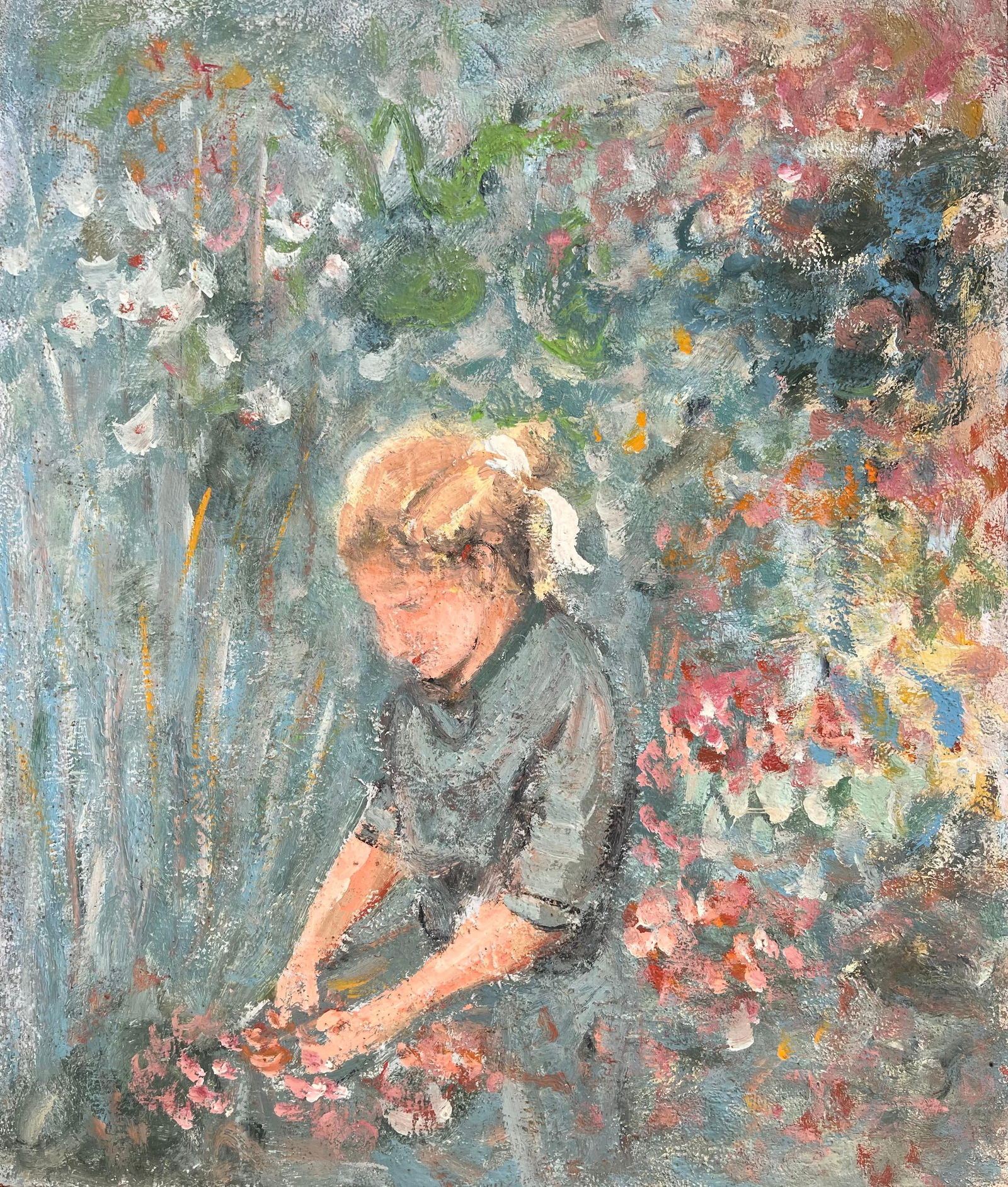 Fanch Lel; Impressionist Painting of a Young Girl Gathering Flowers in a Garden: Title: Fanch Lel; Impressionist Painting of a Young Girl Gathering Flowers in a Garden Description: Title: French Impressionist Oil Painting of Fishing Boats in Harbour with Reflections By Fanch Lel S