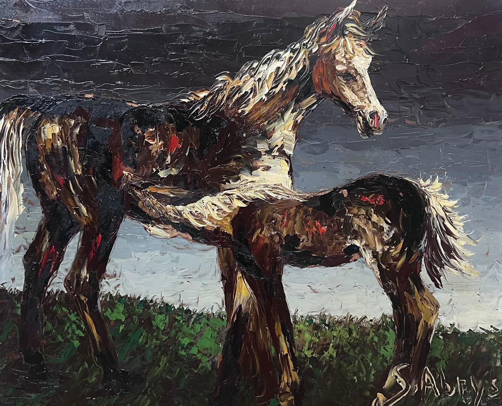Léon Schwartz - Abrys; 1970's French Expressionist Signed Oil Painting Horse & Foal in (1 of 14)