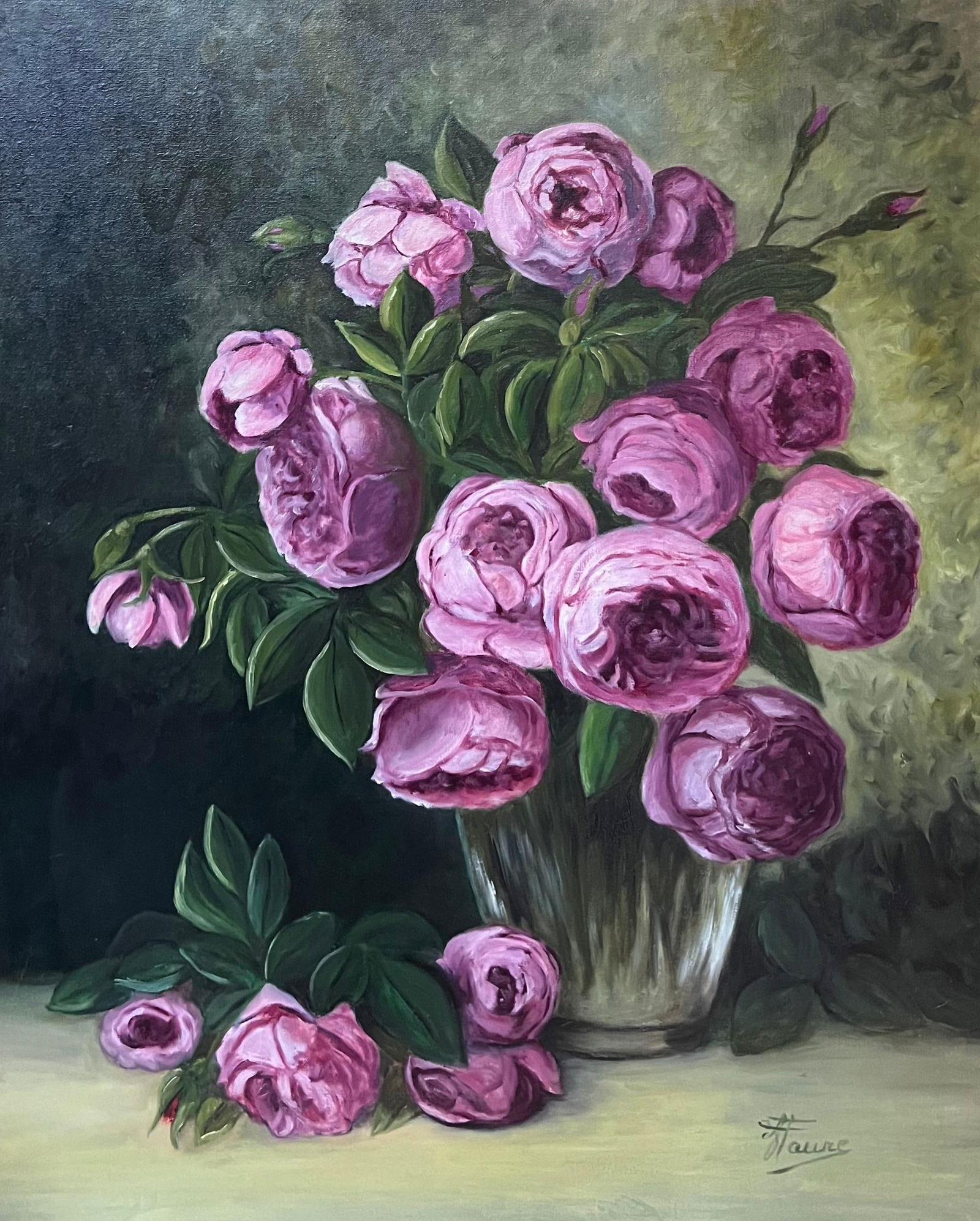 Annie Faure; Pink Peonies In Glass Vase Still Life 20th Century French Oil Painting: Title: Annie Faure; Pink Peonies In Glass Vase Still Life 20th Century French Oil Painting Description: Candle Lit Interior by Annie Faure (French 1940-2021) signed lower corner oil painting on canvas