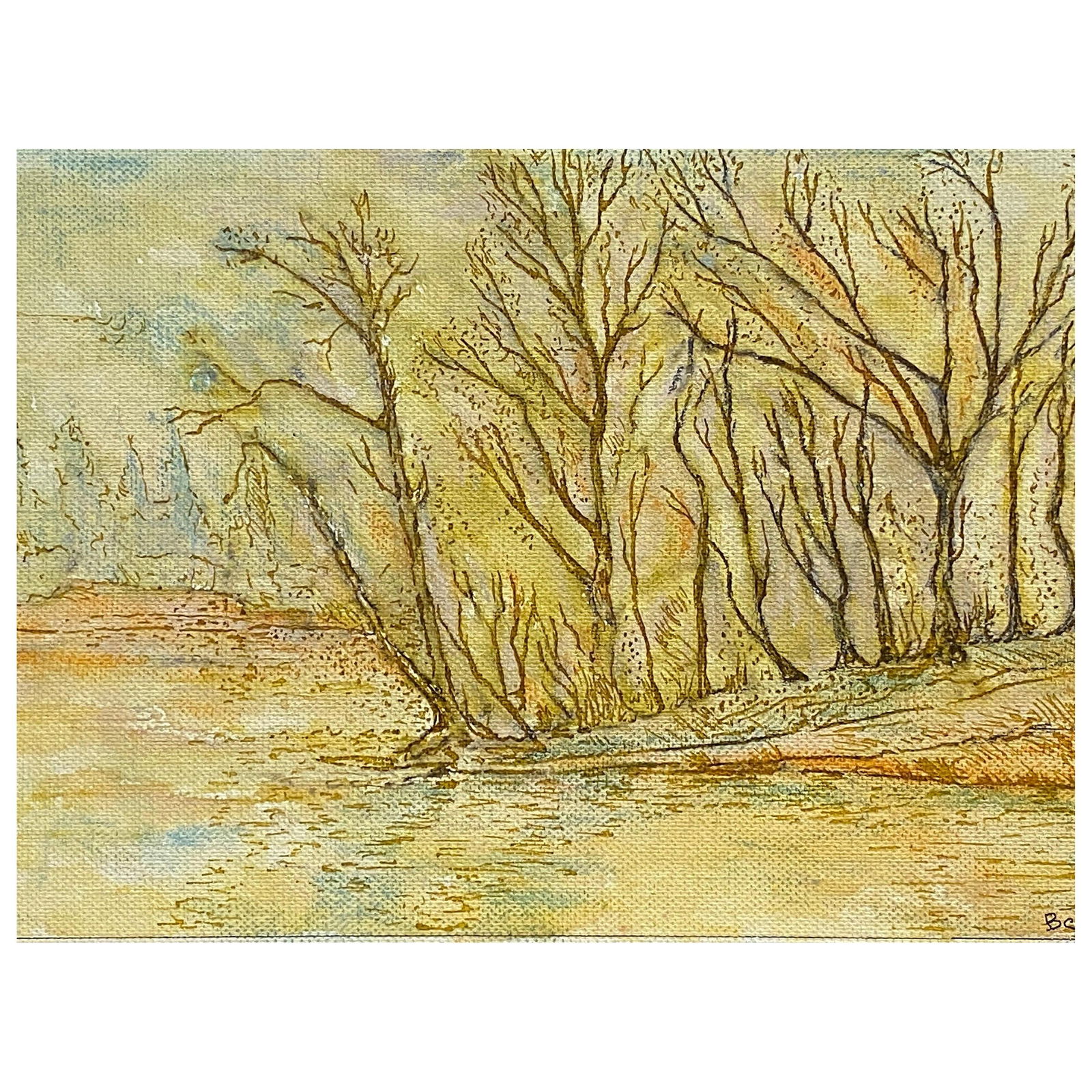 1950's French Modernist/ Cubist Painting Signed, Woodland over Lake, 1950s (1 of 6)