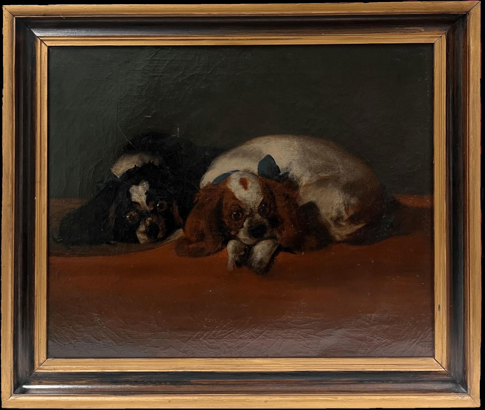 English Victorian Oil ; The Cavaliers Pets Period 19th Century English Oil Painting Cavalier: Title: English Victorian Oil ; The Cavaliers Pets Period 19th Century English Oil Painting Cavalier Spaniels Description: Abstract Expressionist Composition signed by Gilbert Pelissier (French born 19