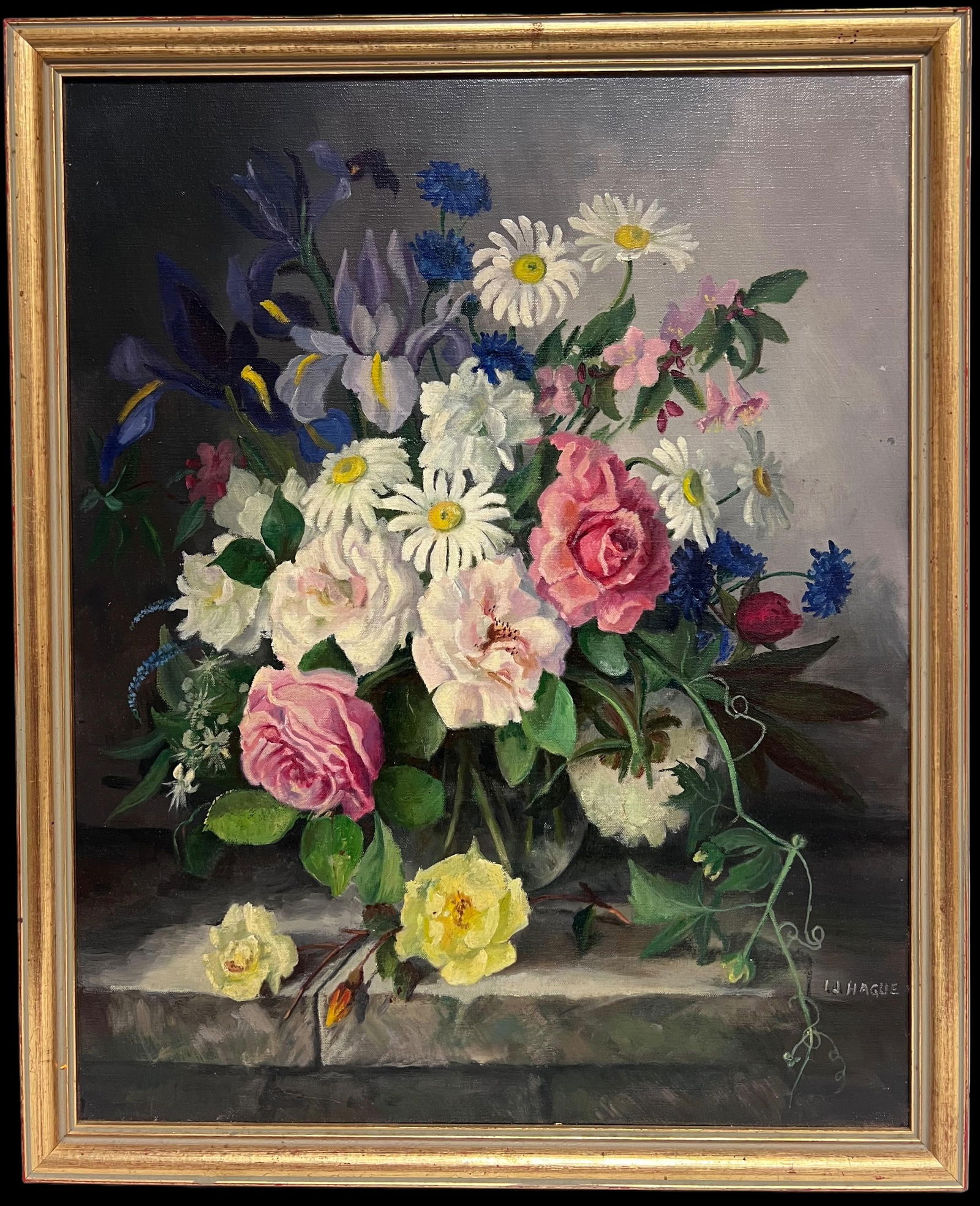 1950's English School; British Mid 20th Century Still Life Roses Ornate Display Signed Oil Painting, (1 of 17)