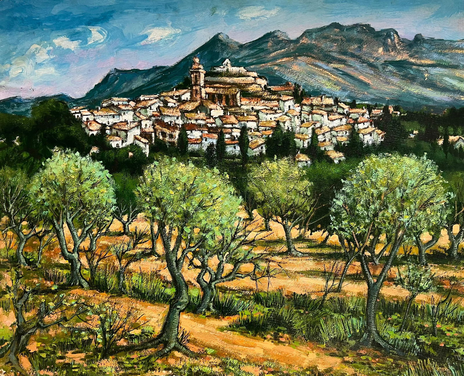 Max Toutain; A Picturesque Village Nestled Among Olive Groves and Mountains French Painting: Title: Max Toutain; A Picturesque Village Nestled Among Olive Groves and Mountains French Painting Description: Abstract Expressionist Composition signed by Gilbert Pelissier (French born 1924) oil pa