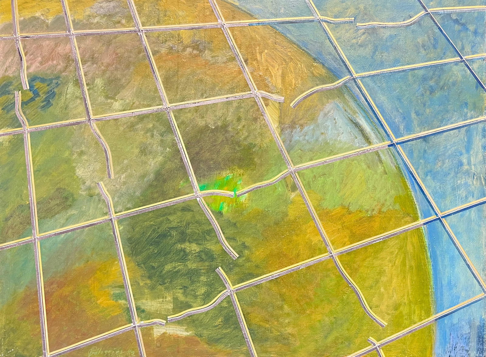 Gilbert Pelissier; French 20th Century Vibrant Geometric Abstraction Yellow Green and Blue Lines: Title: Gilbert Pelissier; French 20th Century Vibrant Geometric Abstraction Yellow Green and Blue Lines Description: Title: Historic Miniature Watercolor of Brandon Hill St Georges Church and Cabot To