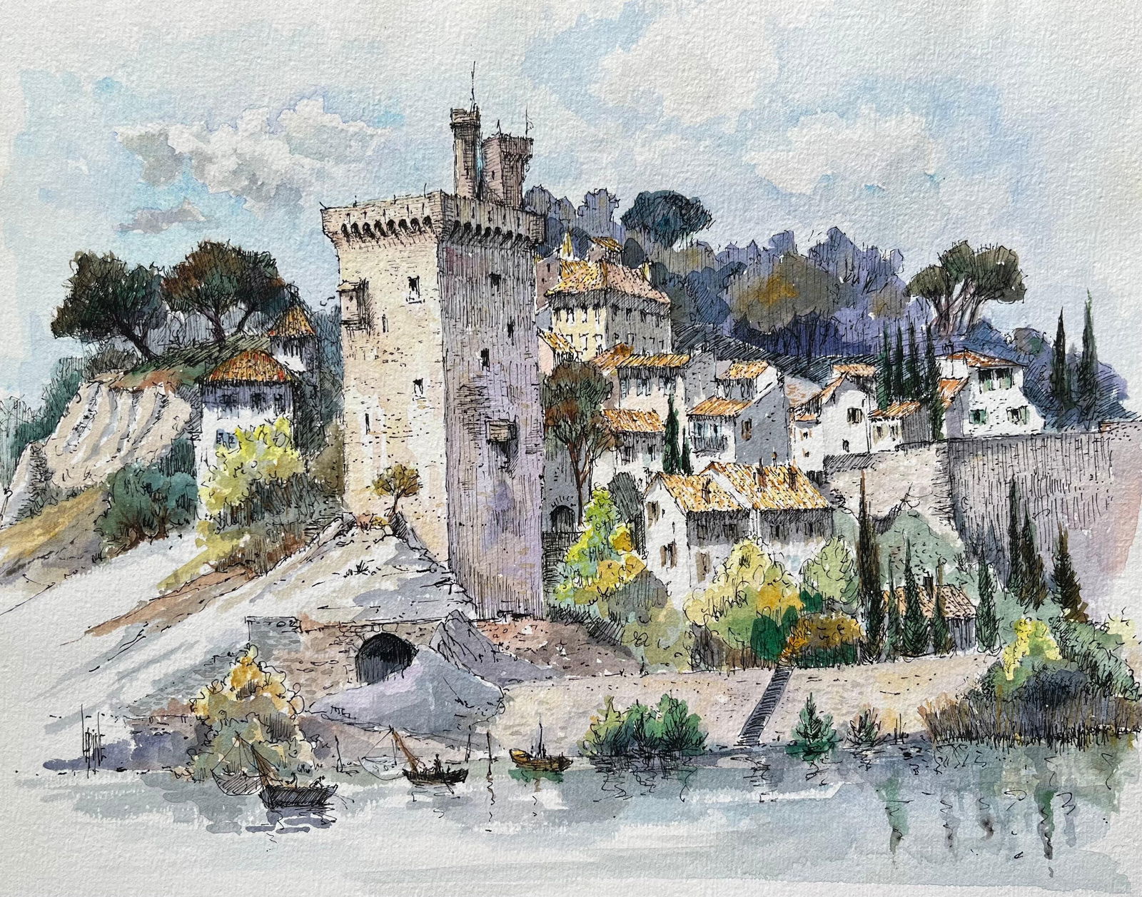 Robert Lepine (1929 - 2017); Villeneuve-lès-Avignon Watercolor of Medieval Tower and Riverside (1 of 20)