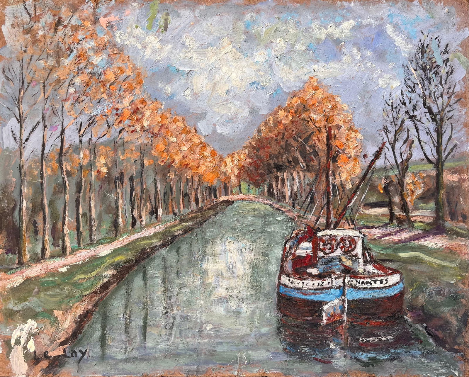 F. Le Lay; Impressionist Autumn Canal Scene with Moored Boat and Tree Lined Path: Title: F. Le Lay; Impressionist Autumn Canal Scene with Moored Boat and Tree Lined Path Description: Title: French Impressionist Seascape of Sailboats and Lighthouse in Soft Pastels By Fanch Lel Size: