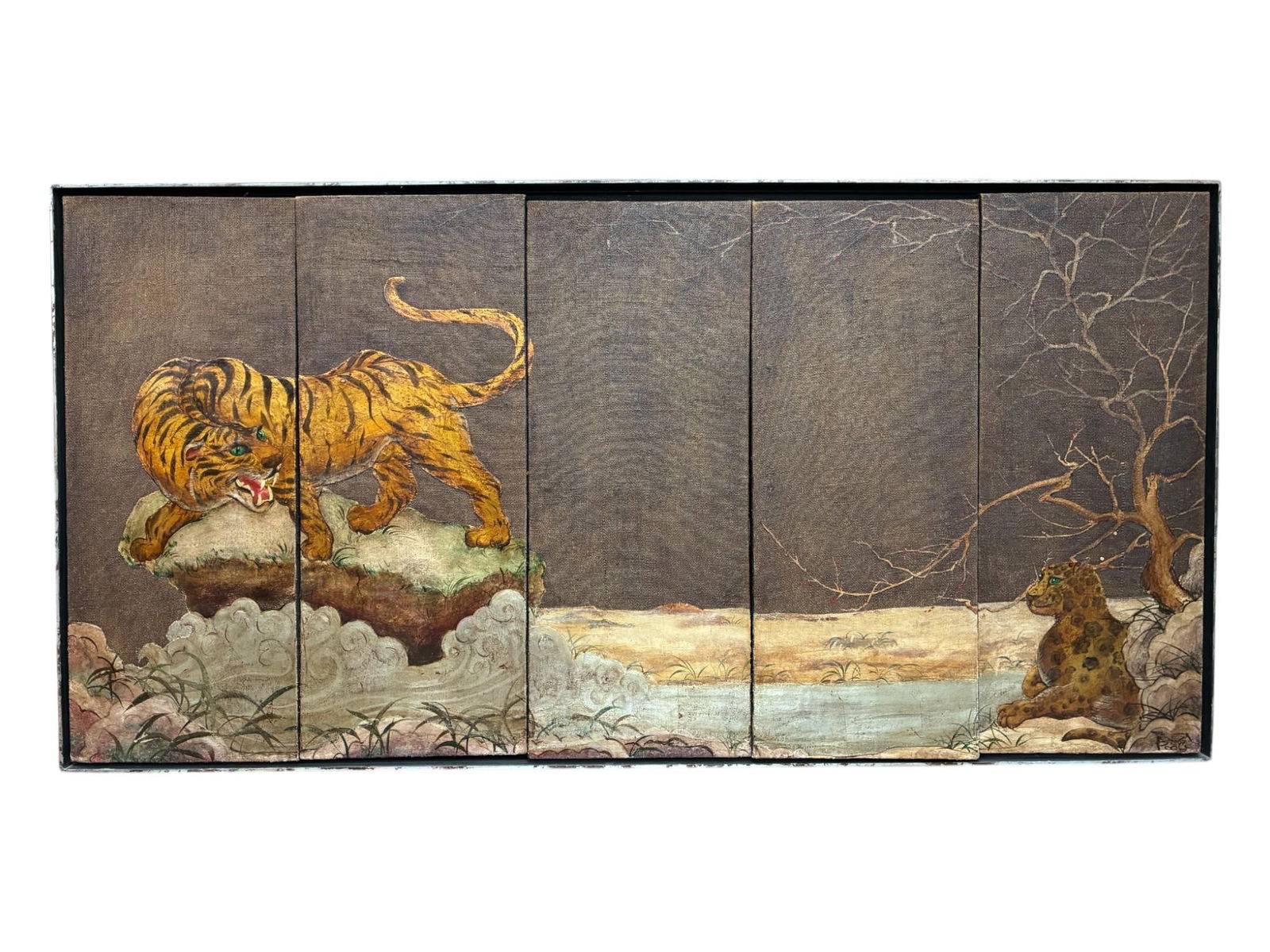 Poole; Huge Chinoiserie Oil Painting Roaring Tiger & Cub Winter Japanese Chinese Style: Title: Poole; Huge Chinoiserie Oil Painting Roaring Tiger & Cub Winter Japanese Chinese Style Description: Tiger & Cub in Winter Landscape Signed 'Poole', British late 20th century oil painting on hes