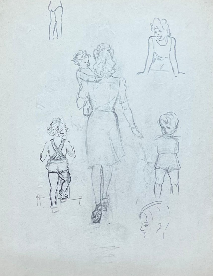 Josine Vignon; Mid Century French Mother Walking with Her Children Pencil Sketch, 1944: Title: Josine Vignon; Mid Century French Mother Walking with Her Children Pencil Sketch, 1944 Description: Mid Century French Portrait by Josine Vignon (French 1922-2022) Medium: Pencil on artists pap