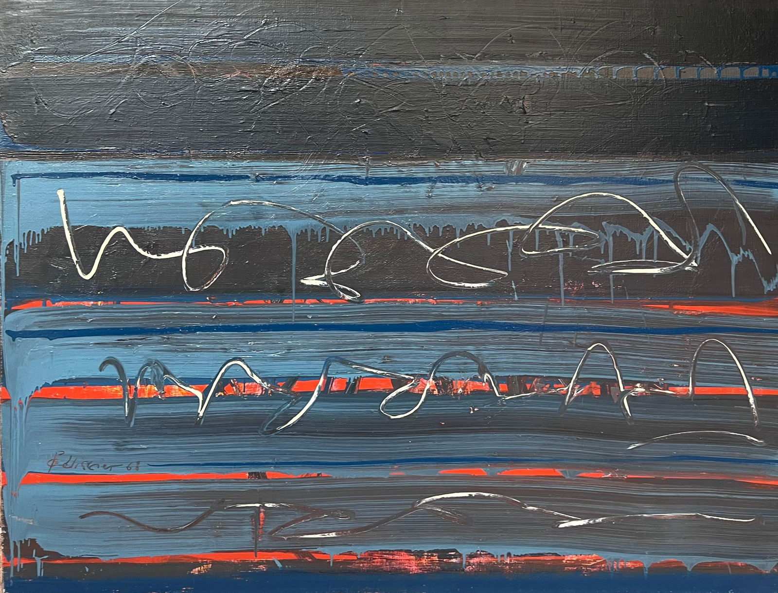 Gilbert Pelissier; Blue Black and Red Streak Layered Abstract French 20th Century Painting, 68: Title: Gilbert Pelissier; Blue Black and Red Streak Layered Abstract French 20th Century Painting, 68 Description: Title: French Impressionist Oil Painting of a Nighttime Crowd Scene by Bernadette Kel