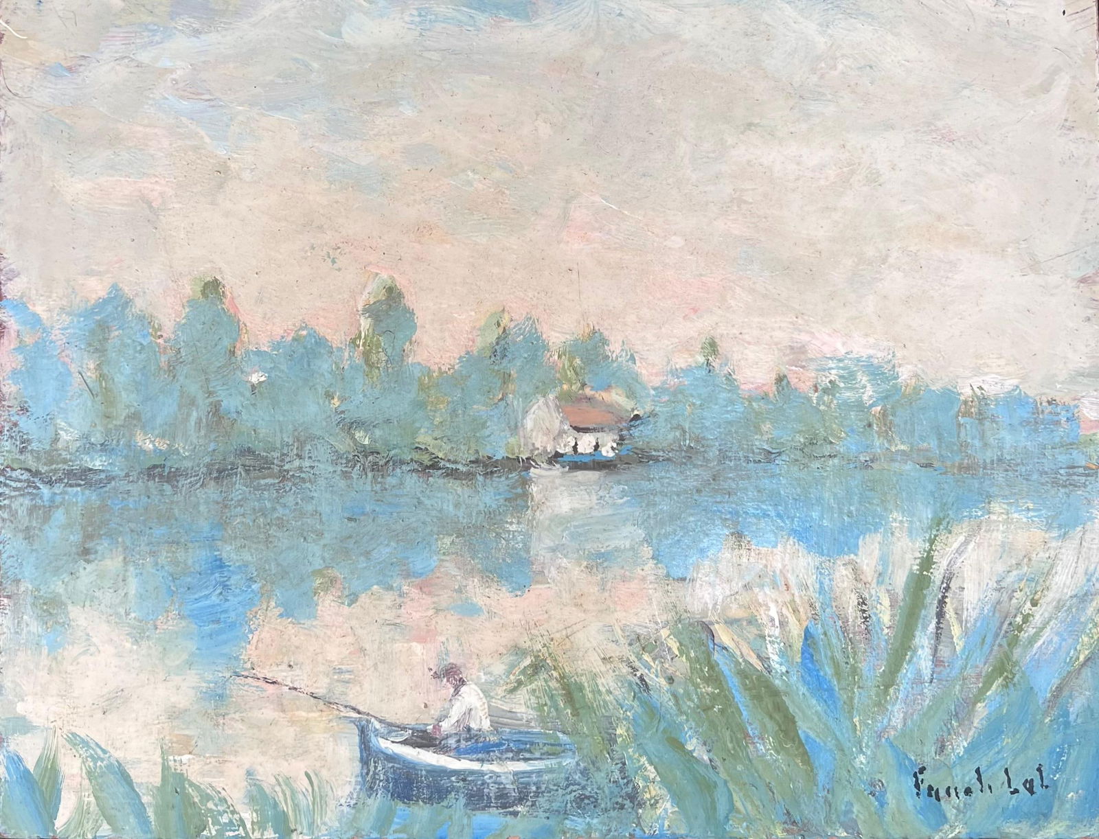 Fanch Lel; Figure Fishing in Mossy Summery Lake French Landscape Oil Painting, 19th Century (1 of 14)