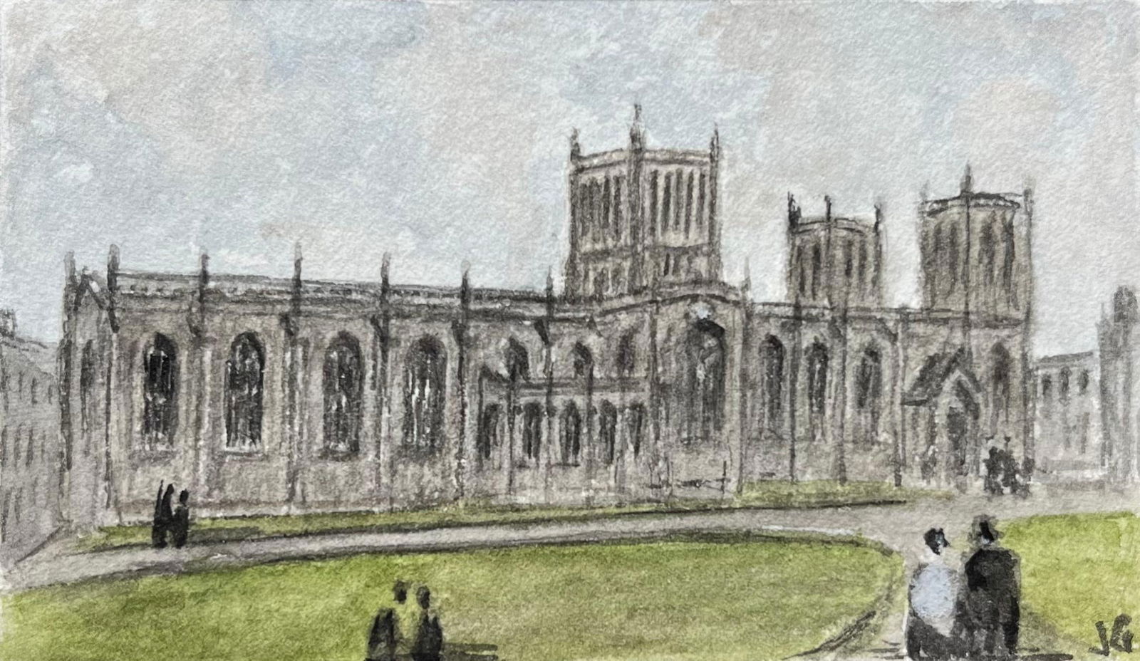 Jack Grunwell; Historic Miniature Watercolor of Bristol Cathedral from College Green (1 of 6)