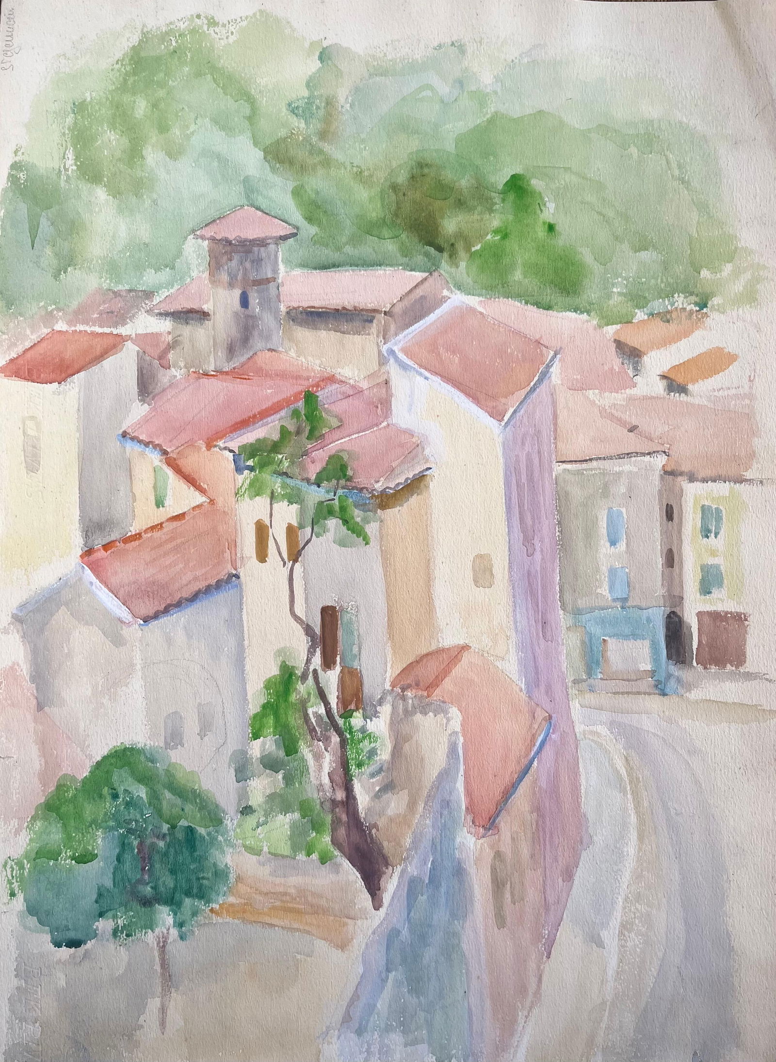 Anne Marie Migette Perard; Mid-20th Century Watercolour of Rooftops and Stone Streets in Goudargues (1 of 14)