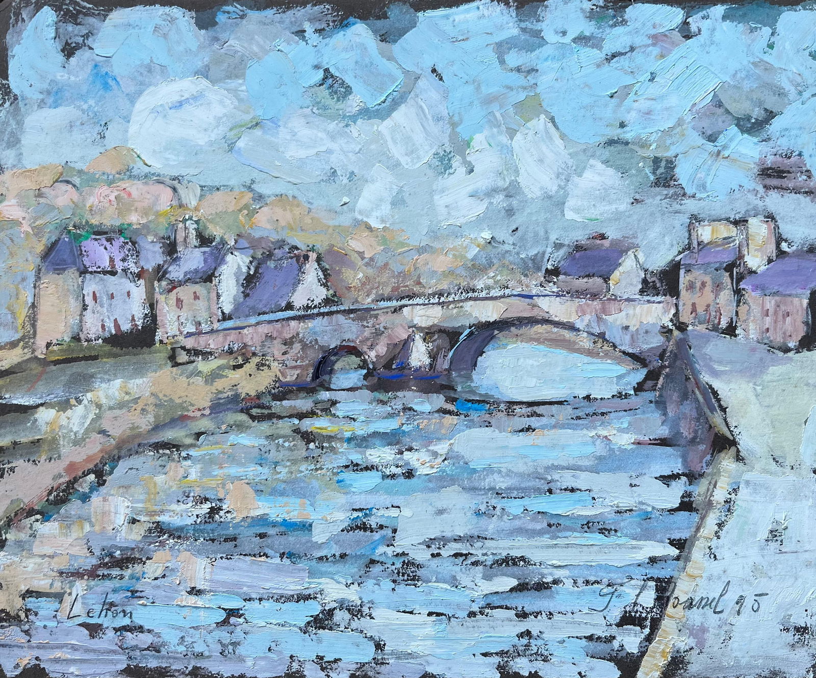 F.T Roussel; French Impressionist Oil Painting of Lehon Village and Stone Bridge, 1995: Title: F.T Roussel; French Impressionist Oil Painting of Lehon Village and Stone Bridge, 1995 Description: Title: Historic Miniature Watercolor of Christmas Steps and St Bartholomew’s Hospital b