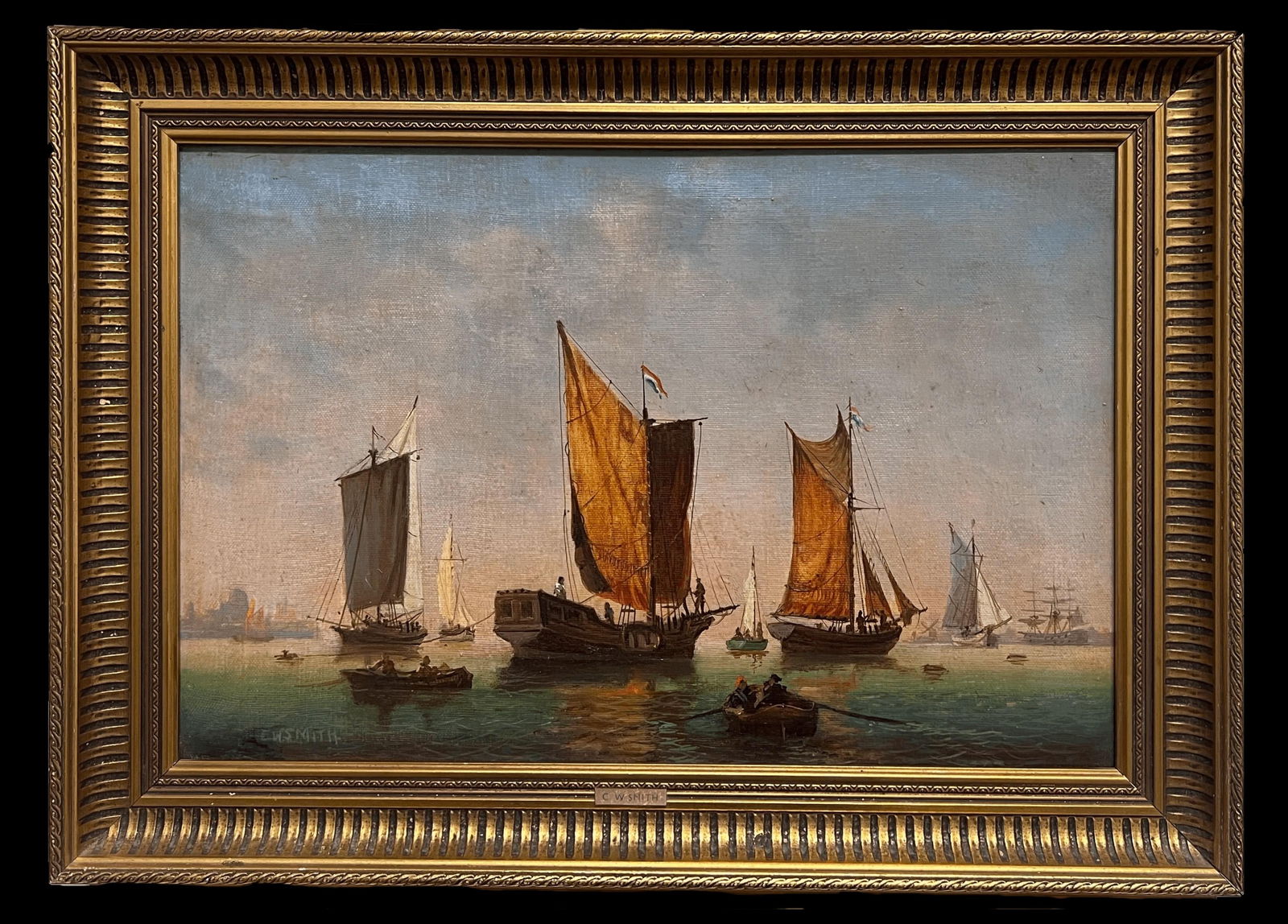 C. W. Smith; Dutch Sailing Ships in Calm Harbour Signed Antique English Marine Oil Painting: Title: C. W. Smith; Dutch Sailing Ships in Calm Harbour Signed Antique English Marine Oil Painting Description: Paris by Claude Marin (French 1914-2001) signed oil on canvas, unframed canvas: 24 x 28.