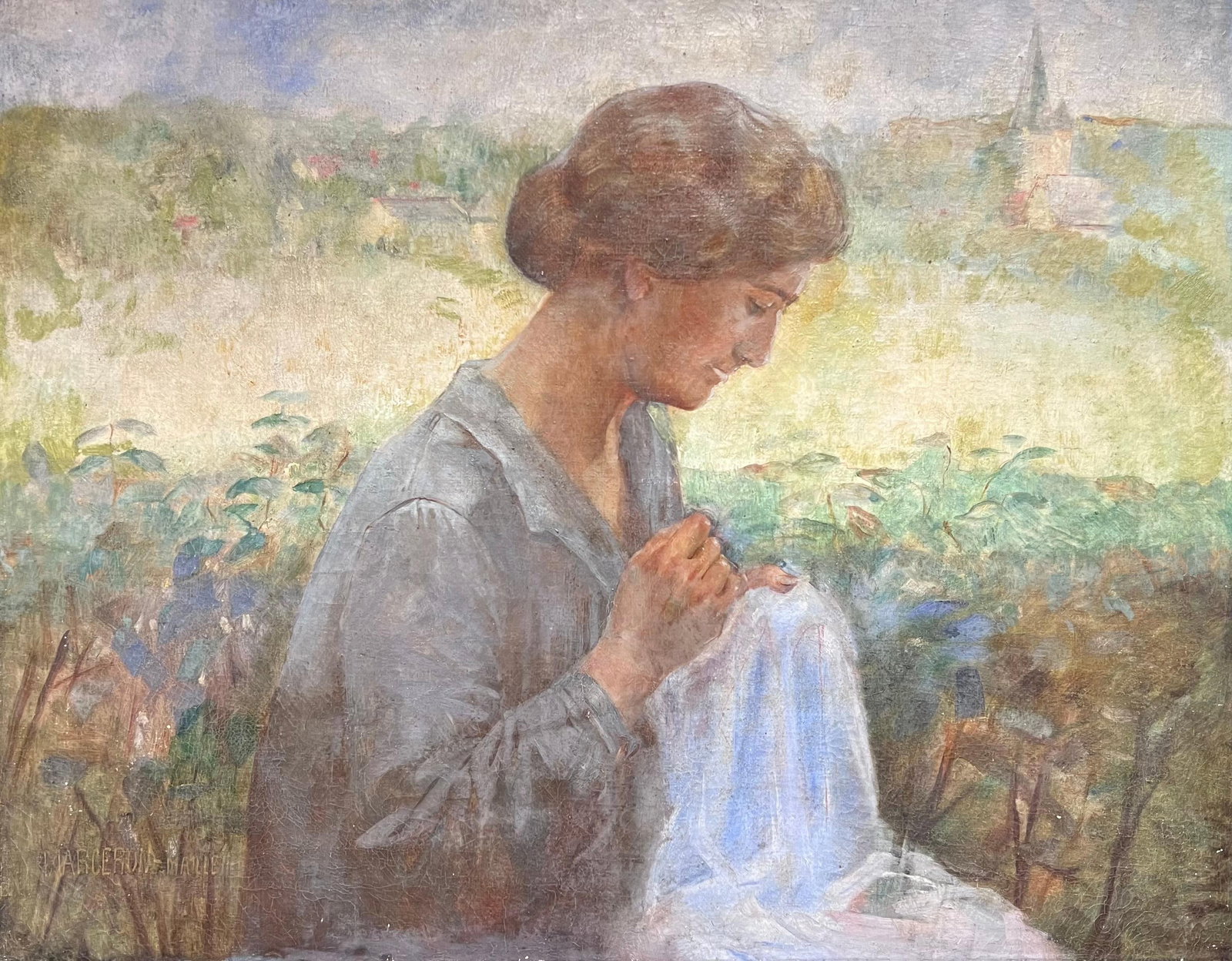 French School; 19th Century French Impressionist Oil Lady Sewing in Sunlit Garden Landscape: Title: French School; 19th Century French Impressionist Oil Lady Sewing in Sunlit Garden Landscape Description: Provence by Max Toutain (1935-2006) oil painting on canvas, unframed canvas : 18 x 22 in