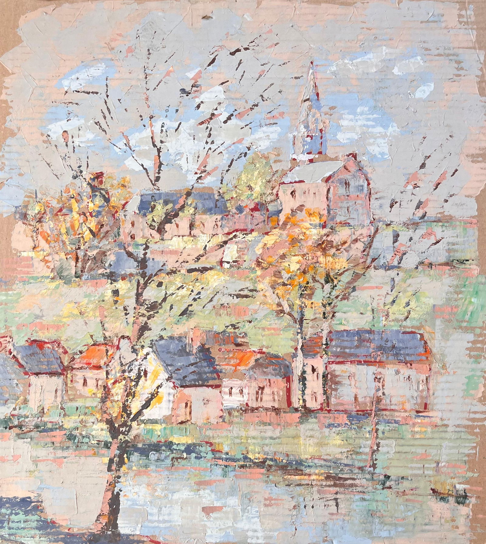 Fanch Lel; Impressionist Village Hilltop Church Scene with Autumn Trees by Fanch Lel: Title: Fanch Lel; Impressionist Village Hilltop Church Scene with Autumn Trees by Fanch Lel Description: Title: Colourful Impressionist Harbour with Lighthouse Boats and Reflections at Dusk By Fanch L