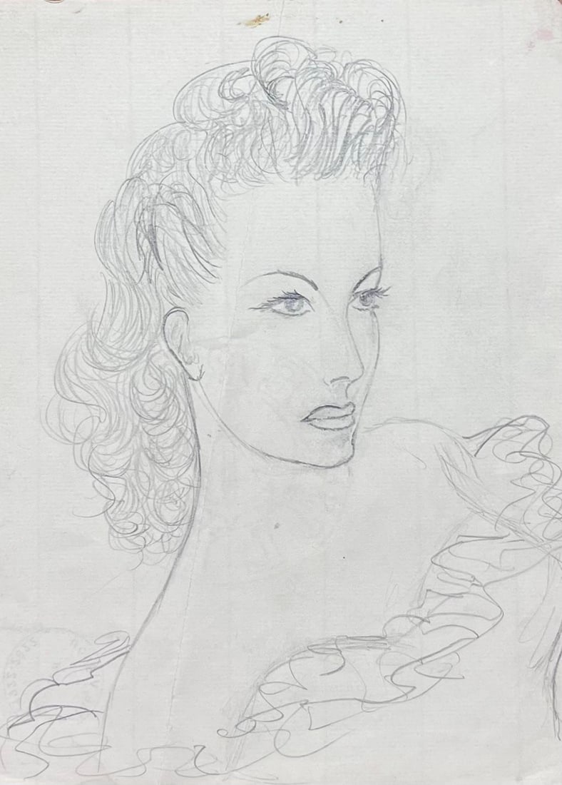 Josine Vignon; Mid Century French Stylish Lady in an Off The Shoulder Frilly Top Pencil Sketch, 1942: Title: Josine Vignon; Mid Century French Stylish Lady in an Off The Shoulder Frilly Top Pencil Sketch, 1942 Description: Mid Century French Portrait by Josine Vignon (French 1922-2022) Medium: Pencil