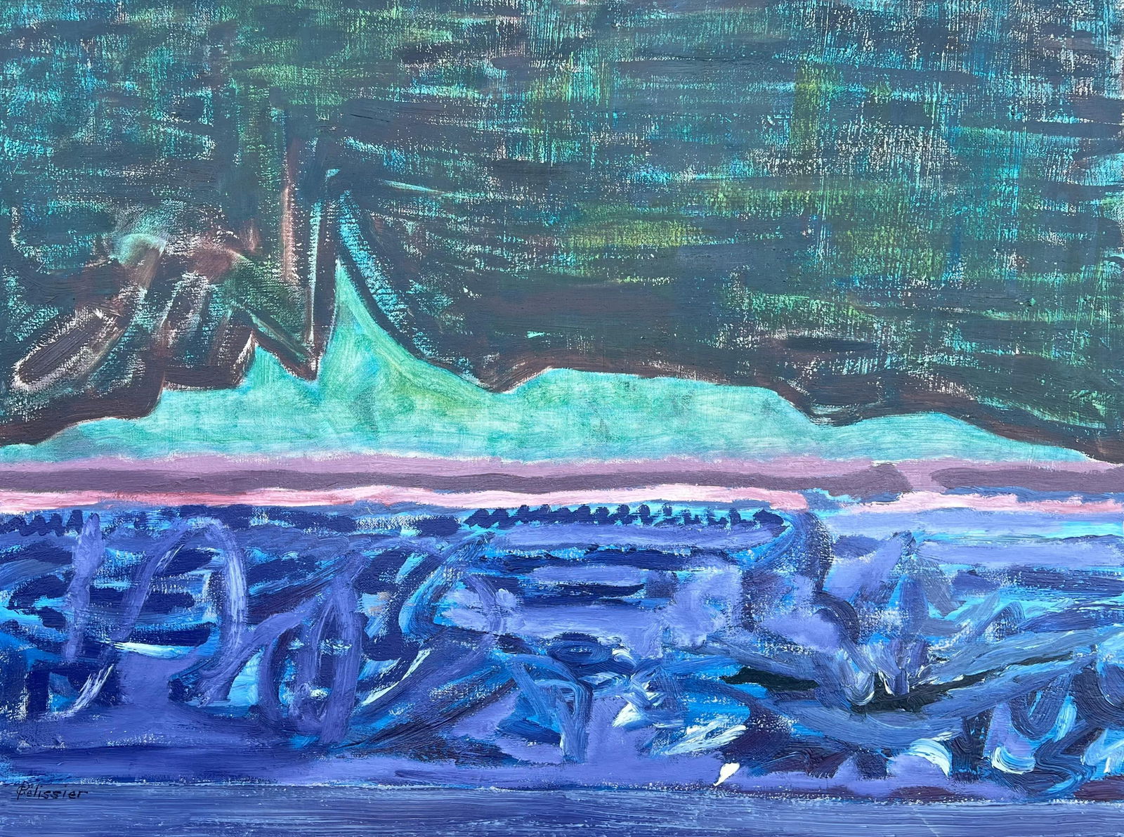 Gilbert Pelissier; French 20th Century Shapes in Motion Abstract Seascape at Dusk Moody Horizon,: Title: Gilbert Pelissier; French 20th Century Shapes in Motion Abstract Seascape at Dusk Moody Horizon, 1982 Description: Abstract Expressionist Composition by Gilbert Pelissier (French born 1924) sig