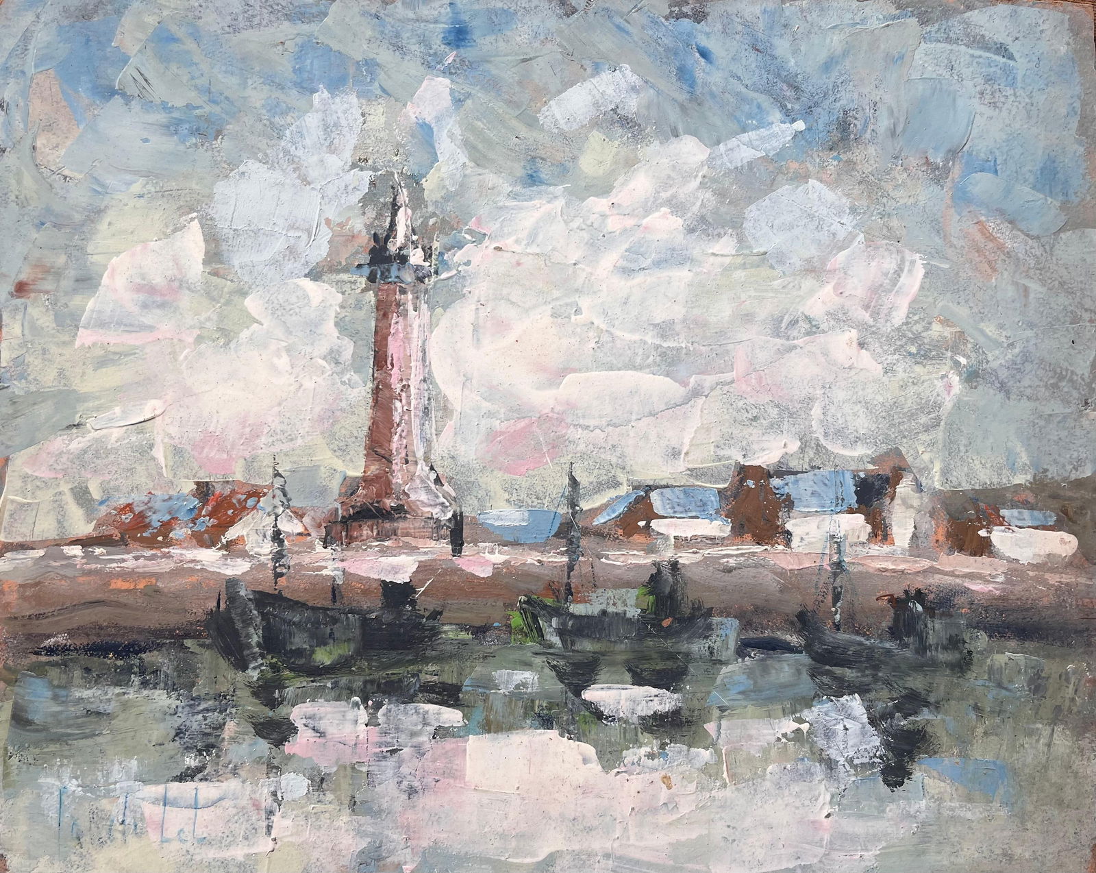 Fanch Lel; French Impressionist Harbour Scene with Lighthouse Boats and Reflections: Title: Fanch Lel; French Impressionist Harbour Scene with Lighthouse Boats and Reflections Description: Title: French Impressionist Oil of Farmers Harvesting Wheat in Morning Light By Fanch Lel Signed