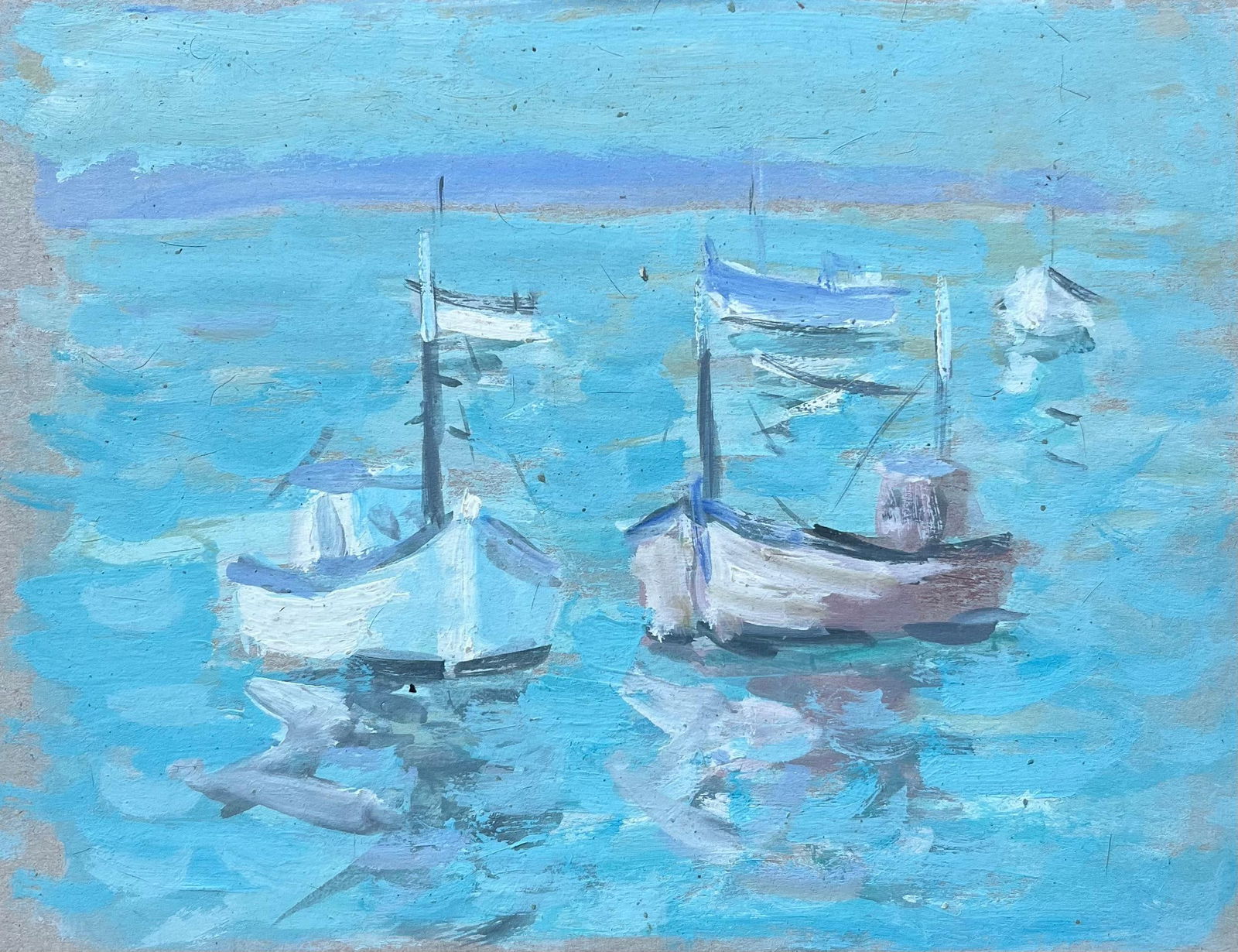 Fanch Lel; French Impressionist Oil Painting of Boats Floating on Turquoise Water: Title: Fanch Lel; French Impressionist Oil Painting of Boats Floating on Turquoise Water Description: Title: French Impressionist Winter Street Scene with Figures and Church Spire by Fanch Lel (French
