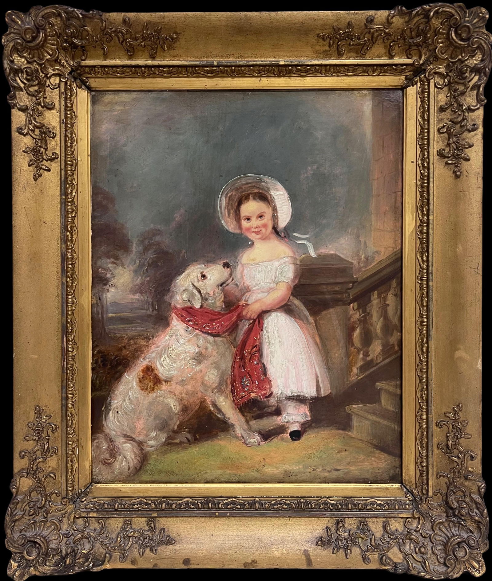 Victorian School; Large Victorian English Oil Painting Young Girl Country House Steps with Her Dog (1 of 15)