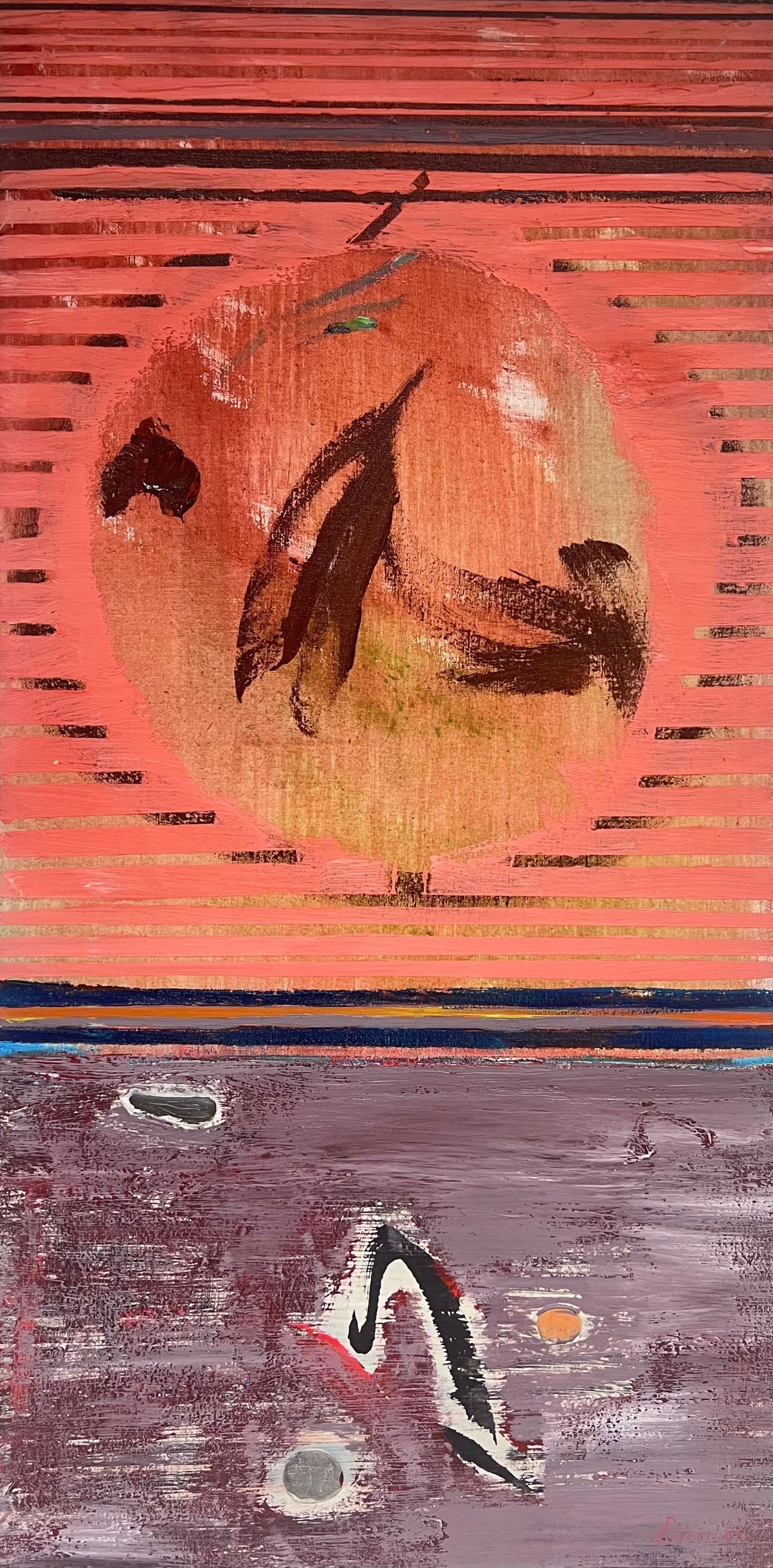 Gilbert Pelissier; Orange Circle In Amber Sky Abstract French 20th Century Painting, 1986: Title: Gilbert Pelissier; Orange Circle In Amber Sky Abstract French 20th Century Painting, 1986 Description: Abstract Expressionist Composition signed by Gilbert Pelissier (French born 1924) oil pain