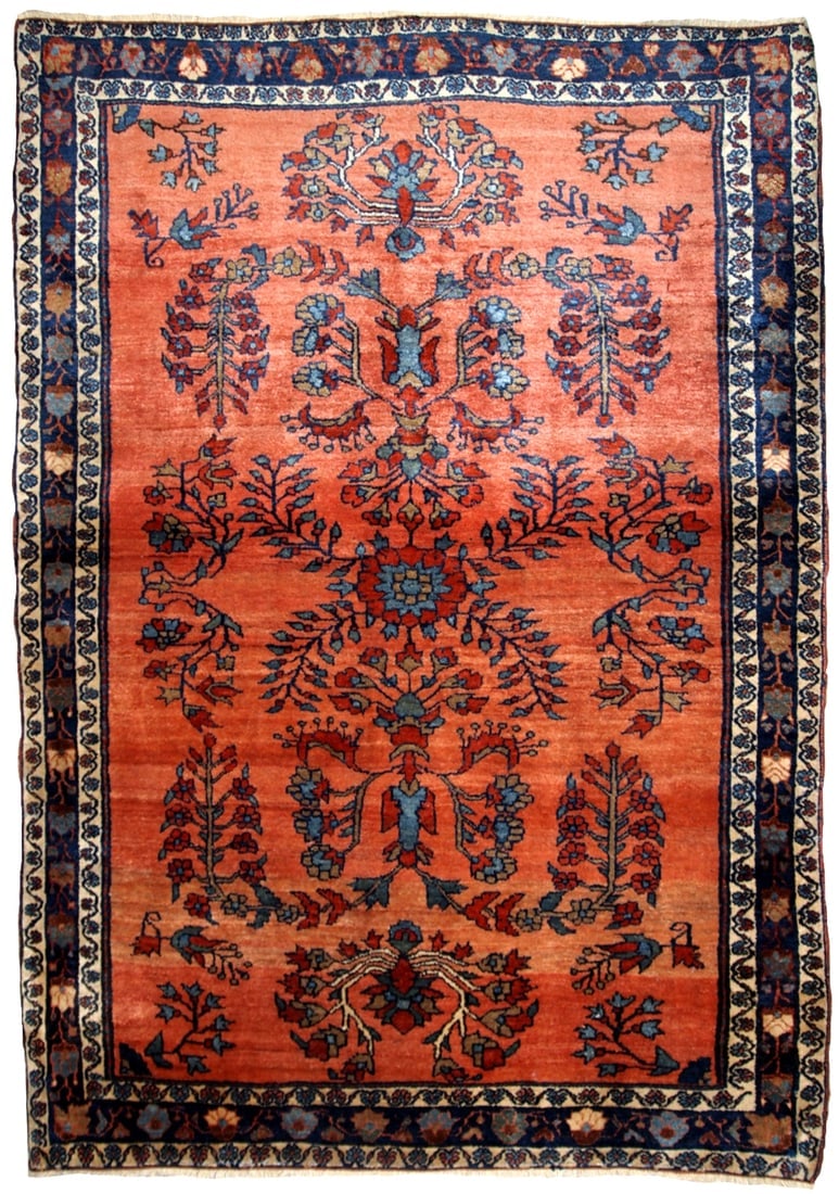 Handmade antique Persian Sarouk rug 3.5' x 5.3' ( 106cm x 161cm ) 1900s (1 of 9)