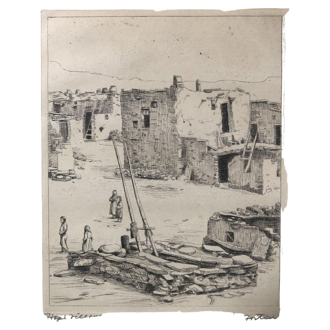 Vintage Etching of Hopi Village by Kiva H. Fortier: Title: Vintage Etching of Hopi Village by Kiva H. Fortier Description: Original signed artwork print etching of Hopi Village Signed in pencil by Kiva H. Fortier. Frame measures 8 1/2 x 12, actual prin
