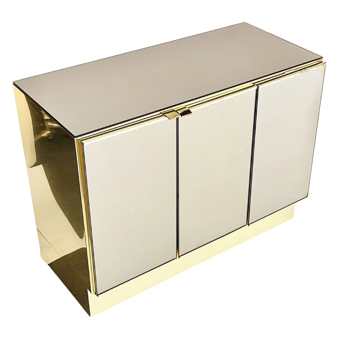 1970's Brass and Mirror Three Door Cabinet by Ello: Title: 1970's Brass and Mirror Three Door Cabinet by Ello Description: This 1970s postmodern bronze and polished metal mirror cabinet by Ello features three-panel mirror doors and a big interior stora