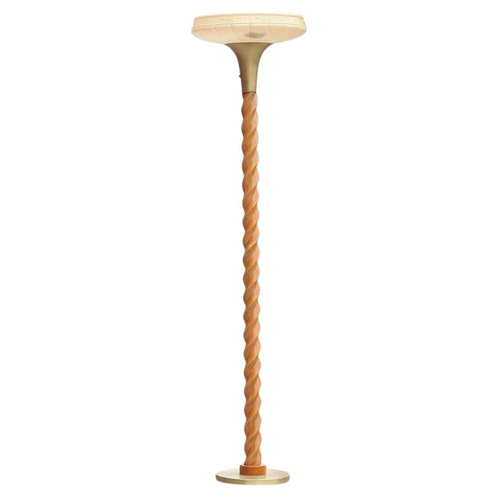 Carved Oak Floor Sprial Torchiere Floor Lamp Attributed to Russel Wright w Shade: Title: Carved Oak Floor Sprial Torchiere Floor Lamp Attributed to Russel Wright w Shade Description: Mid-century era carved oak spiral floor torchiere lamp attributed to Russel Wright features a carve