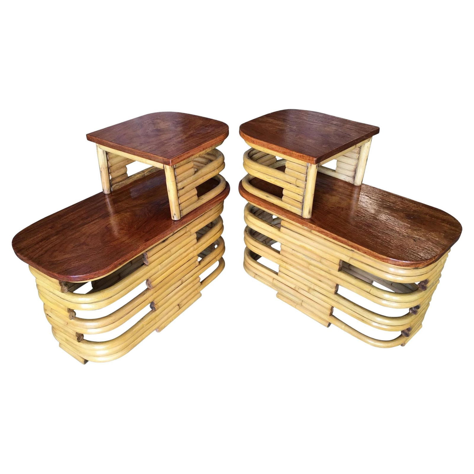 Restored Stacked Rattan Side Lamp Table w/ Mahogany: Title: Restored Stacked Rattan Side Lamp Table w/ Mahogany Description: Paul Frankl two-tier stacked rattan end table pair with cut-out sides and mahogany wood top, circa 1930. 1930, United States We