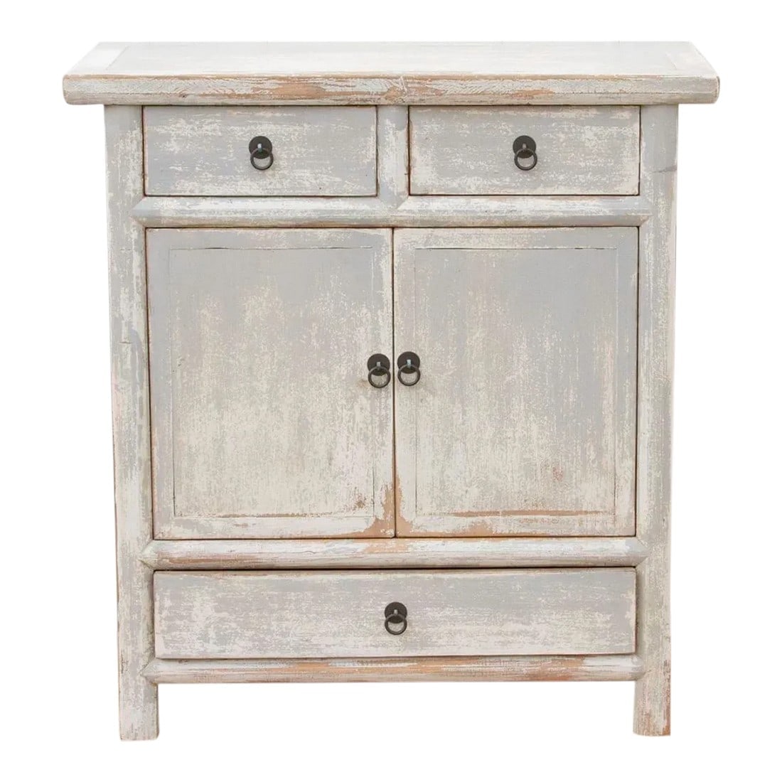 Light Gray Painted Cabinet: A light gray painted cabinet made from reclaimed wood, this cabinet is the perfect piece to add a touch of rustic charm to your room. This shabby chic cabinet has two small drawers over 2 doors and a