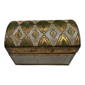 Mid 20th Century Vintage Italian Florentine Gold Cream & Green Domed Box