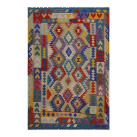 Boho Chic Kilim Ivory Blue Wool Rug - 5'2" X 6'3"