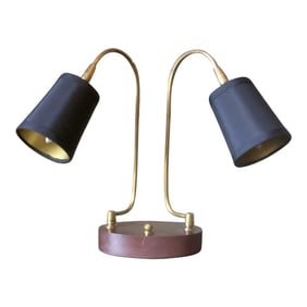 Late 20th Century Adjustable Wood and Brass Lamp With Custom Silk Shades With Gold Pony Lining