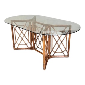 Chinese Chippendale Style Bamboo Dining Table With Oval Glass Top
