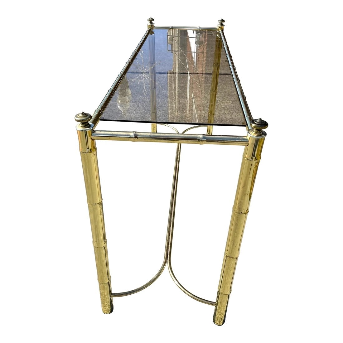 Mid 20th Century Hollywood Regency Brass Plated Metal Faux Bamboo Glass Top Console Table (1 of 10)
