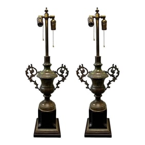 Pair of Late 20th Century Custom Bronze Urn Lamp Base With Ebonized Base