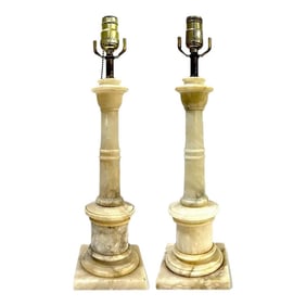 1950's Carved Alabaster Column Table Lamps - Pair