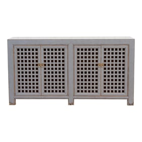 Long Painted Silver Gray Lattice Credenza