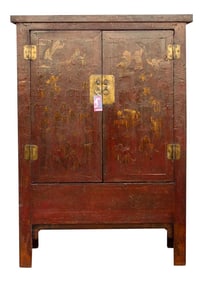 Mid 19th Century Chinoserie Red & Gilt Asian Armoire