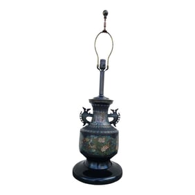 Vintage Japanese Champleve Bird and Flower Motif Two Handled Urn Style Table Lamp