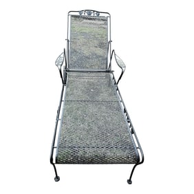 Mid 20th Century Woodard Style Black Wrought Iron Chaise Lounge with Rose & Leaf Pattern