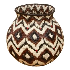 Rare Tribal Motif Rounded Basket From Panama