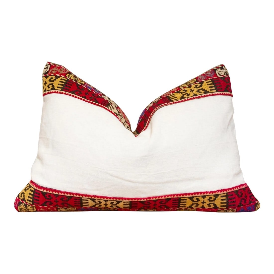 Azin Antique Lakai Tribe Linen Pillow: This handcrafted pillow features a vibrant, hand-stitched textile border created by the Lakai tribe of Uzbekistan. It is a unique example of Central Asian embroidery, showcasing the artistry and tradi