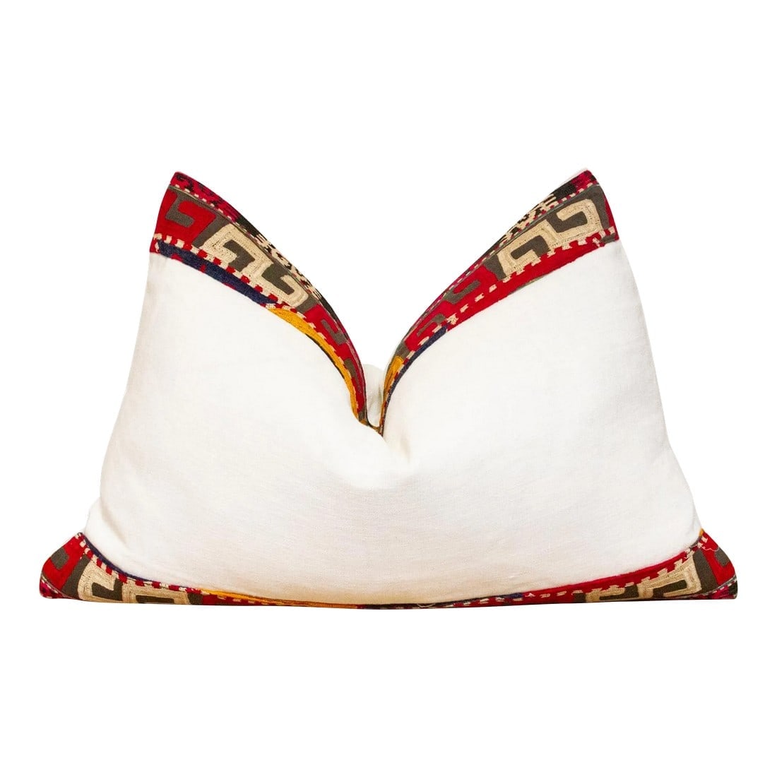 Zahra Antique Lakai Tribe Linen Pillow: This handcrafted pillow features a vibrant, hand-stitched textile border created by the Lakai tribe of Uzbekistan. It is a unique example of Central Asian embroidery, showcasing the artistry and tradi