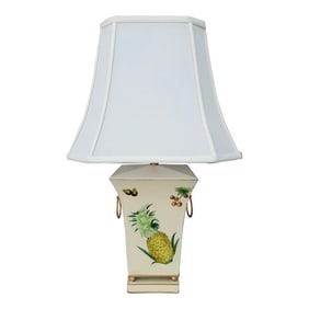 1990s Scully & Scully Style French Country Pineapple and Floral Table Lamp With Silk Shade