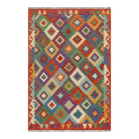 Rustic Kilim Rust Beige Wool Rug - 3'4" X 4'9"