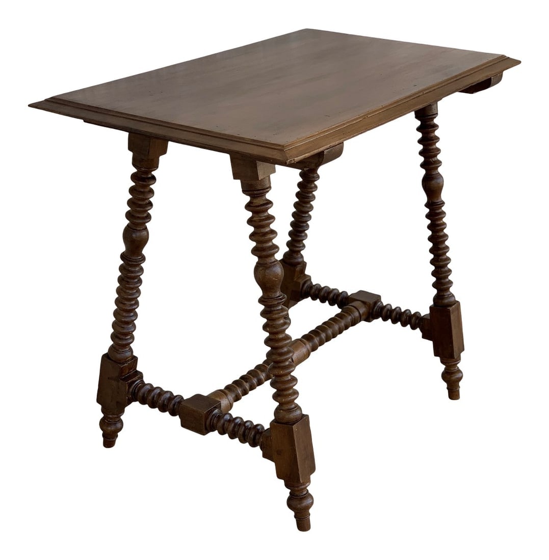 19th Spanish Baroque Side Table With Wood Stretcher and Carved Top in Walnut (1 of 11)